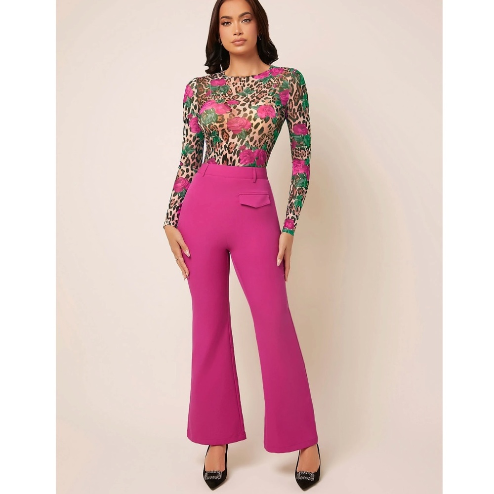 Pink Floral Cheetah Animal Print Mesh Long Sleeve Shirt - Picture 5 of 7
